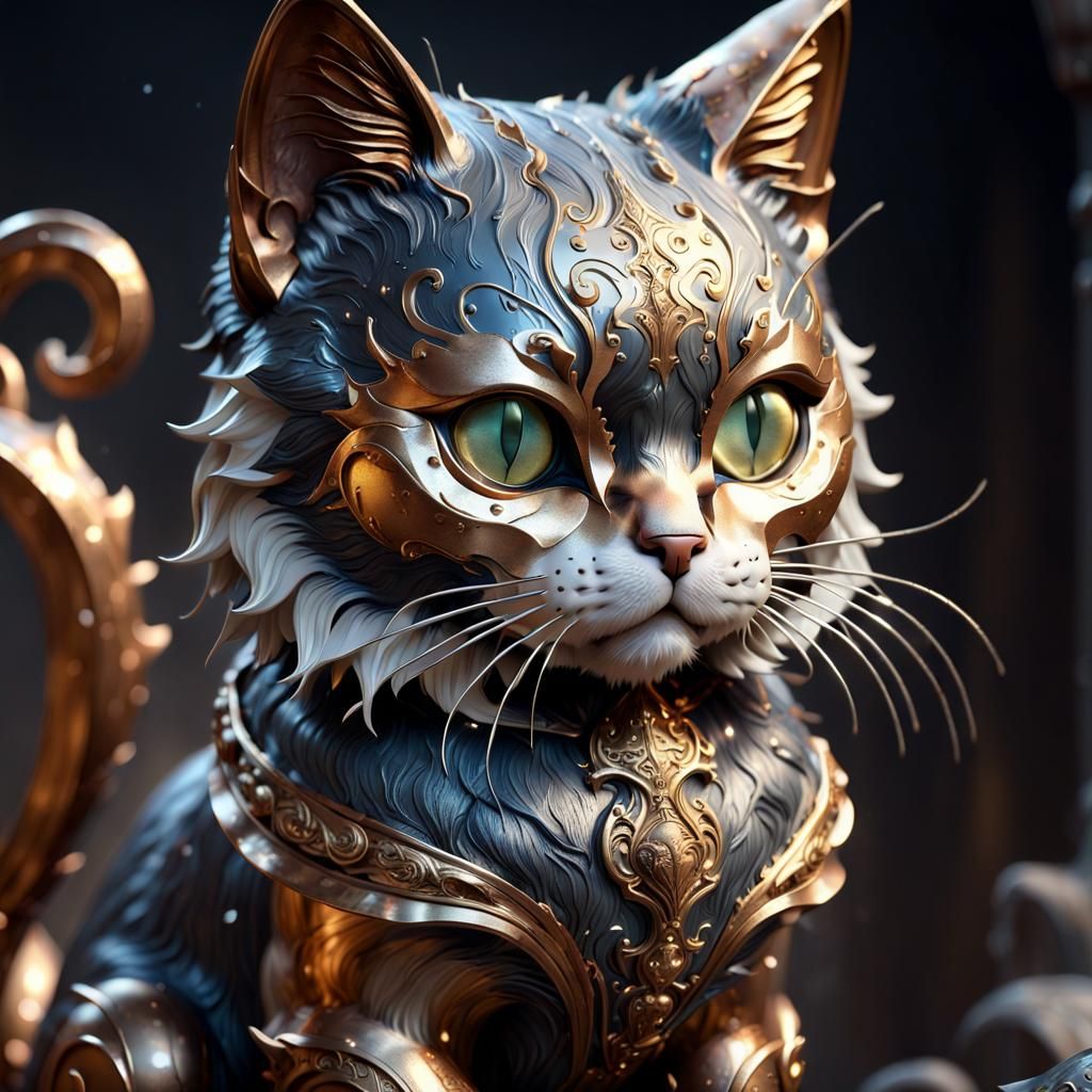 Metal Cat Sculpture in Fantasy Concept Art Style