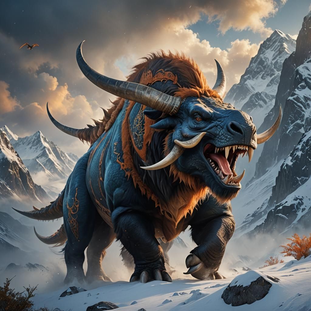 Dinosaur-Yak Hybrid Concept Art in a Misty Landscape