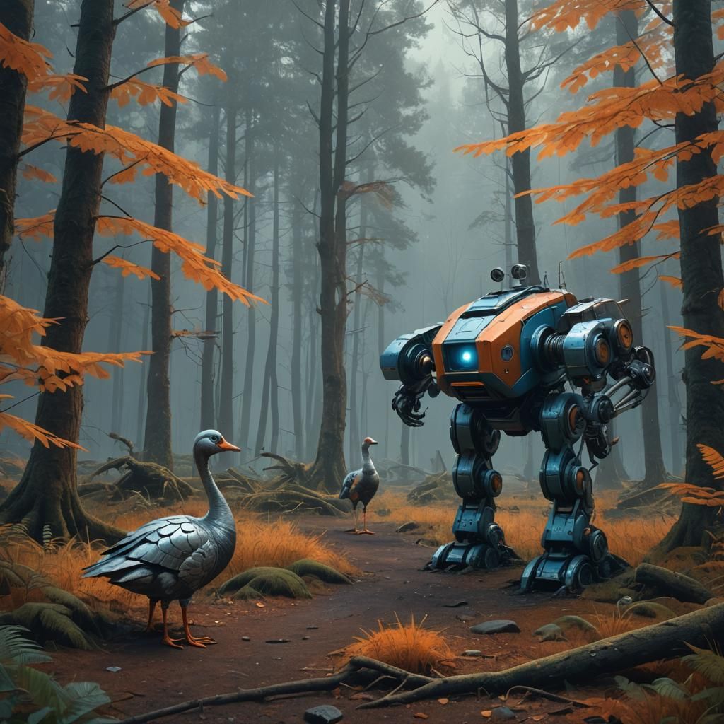 a robot in the forest and a normal goose by the robot