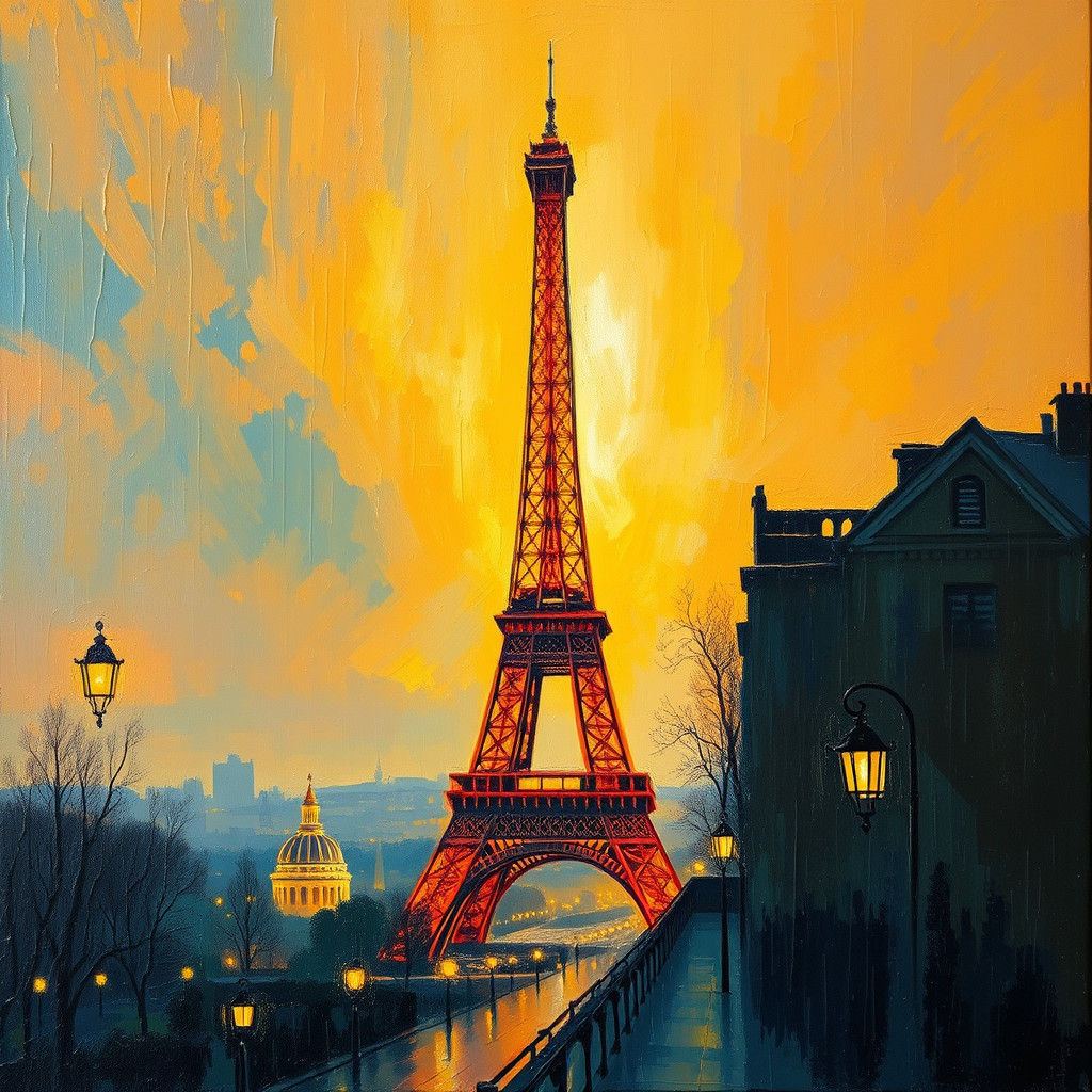 Eiffel Tower Sunset in Post-Impressionist Style