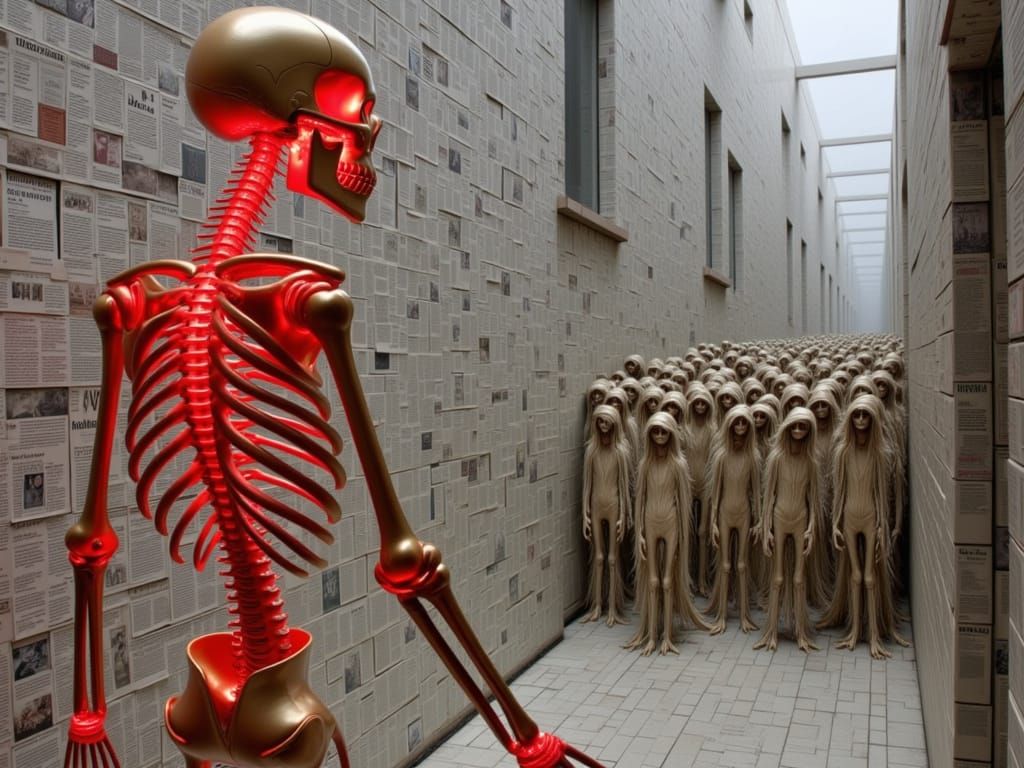 Skeleton Splashed With Neon Paint Walks Past News Walls