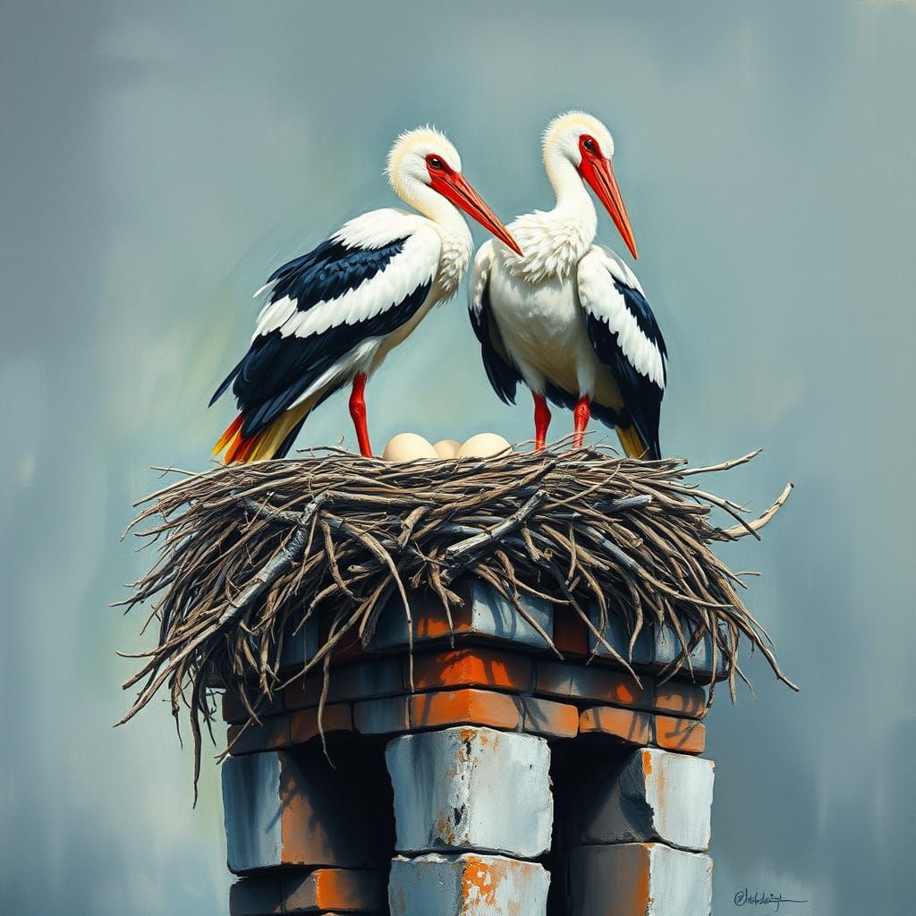 Elegant Storks on Alsatian Chimney, Masterful Gouache Waterc...