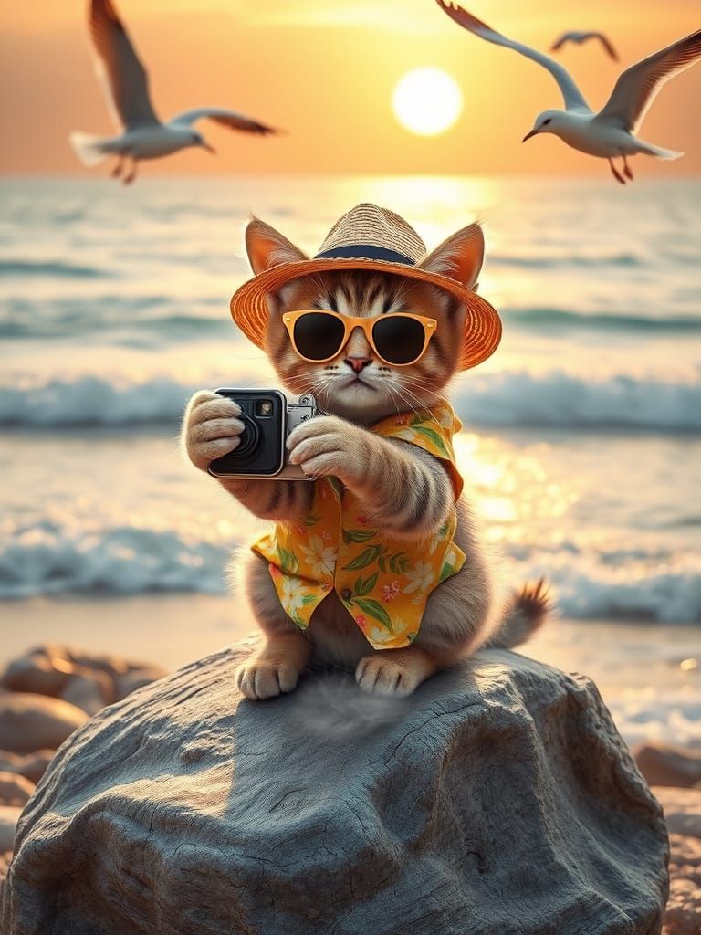 Tabby Kitten Takes a Tranquil Beach Selfie in Tropical Attir...
