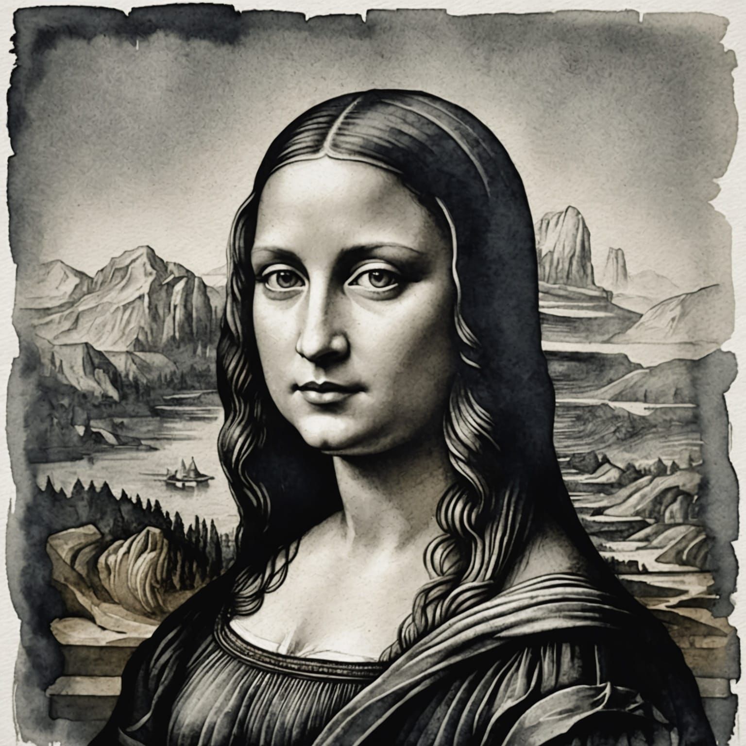 Monochrome Mona Lisa in Watercolor Abstract Art