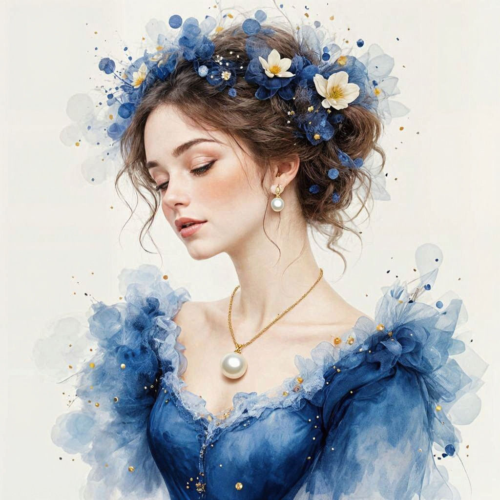 Elegant Lady in Blue, Art Nouveau Style