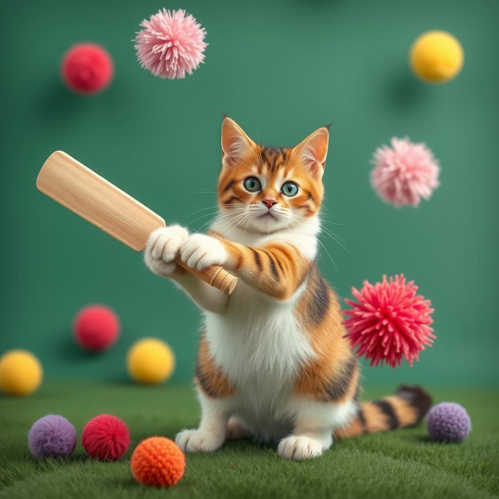 Cat batting at pom poms
