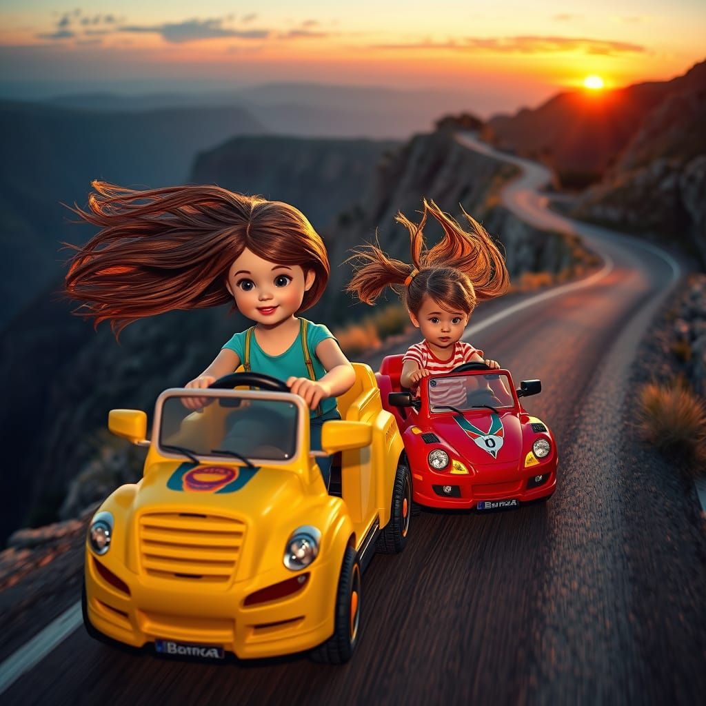 Mother and Daughter Driving Toy Bimba Vehicles at Sunset