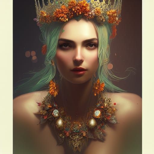Exotic Woman with Floral Crown, Art Nouveau Style