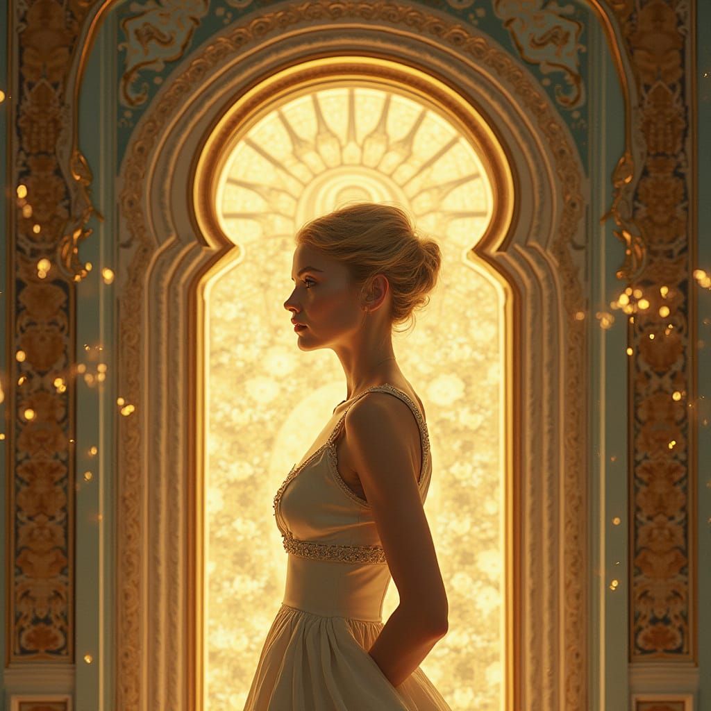 Elegant Woman Before Portal in Hyperrealistic Style