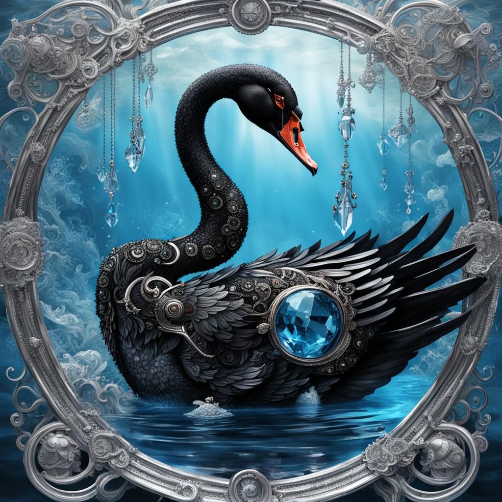 Steampunk Black Swan in Blue Water