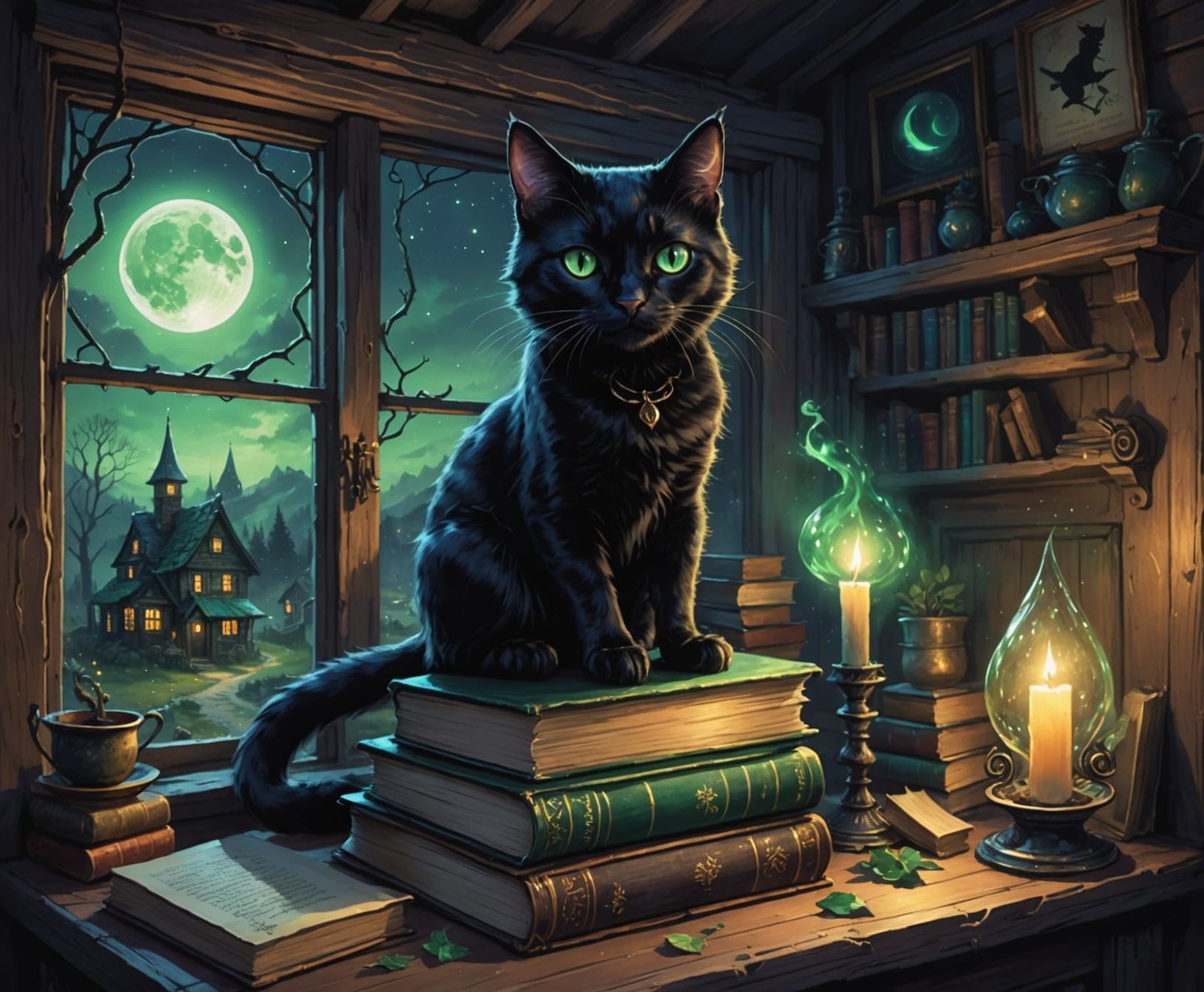 Black Cat Familiar on Spellbooks in Moonlit Cottage