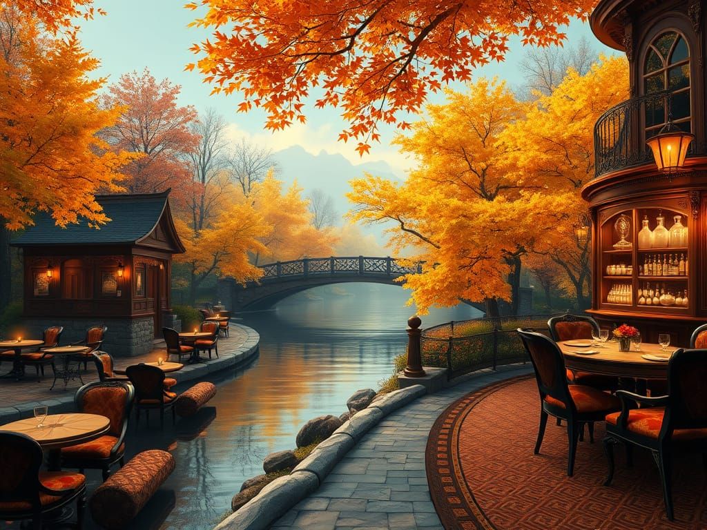 Upscale Victorian Riverbank Coffee Shop in Vibrant Autumn Co...