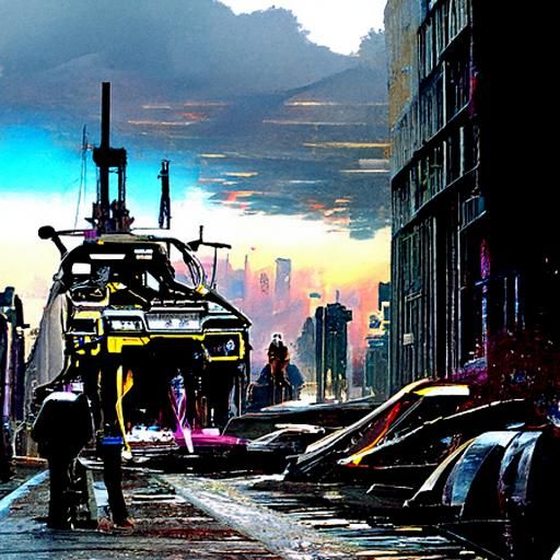 Post-Apocalyptic Engine in Cyberpunk Oil Painting