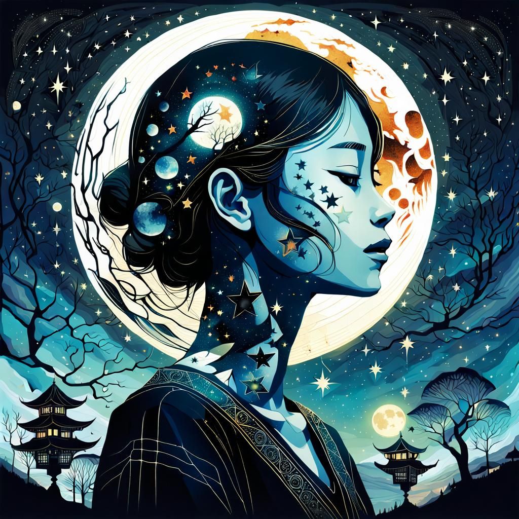 Macabre Starry Night Collage Art Illustration