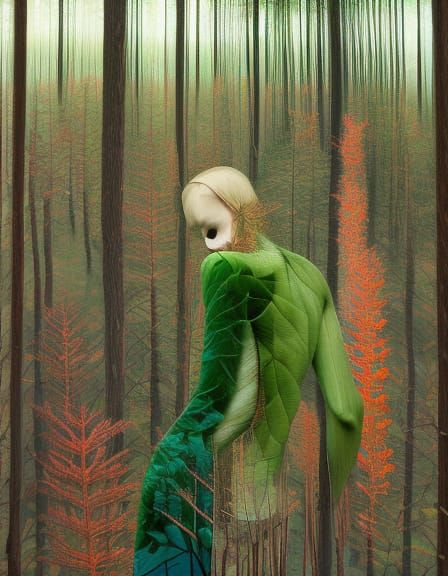 Sunset Hybrid Woman in Forest, Elegant Art Style