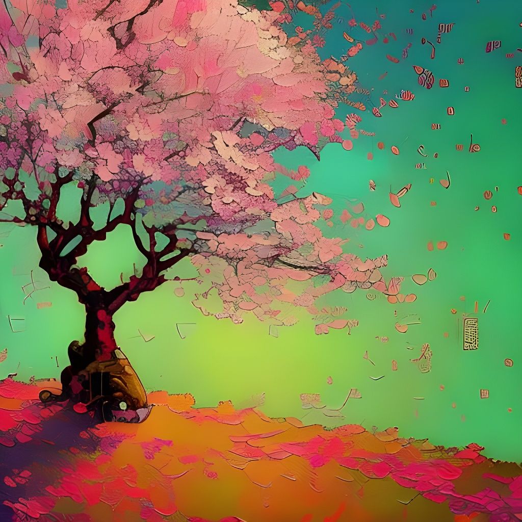 Cherry Blossom Tree with Dog, Impasto Painting