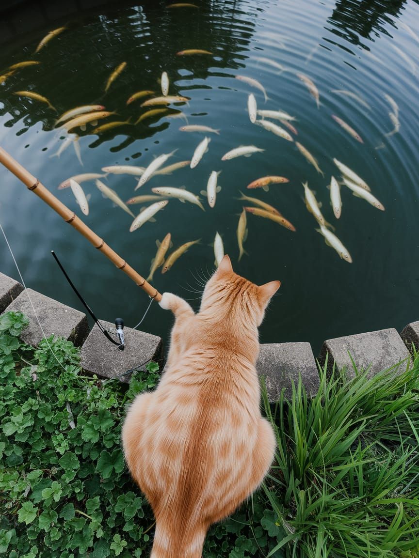 Ginger Cat Fishing at Lush Garden Pond