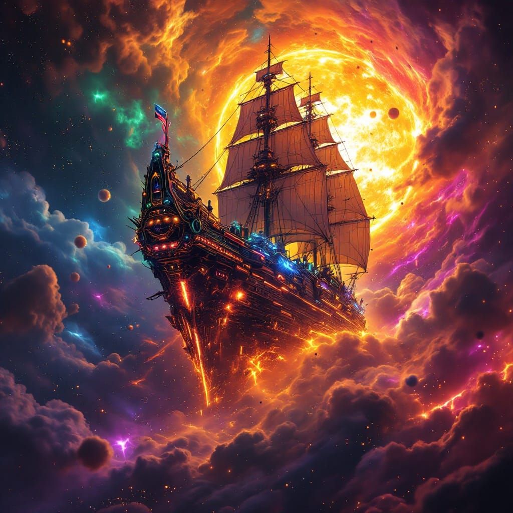 Viking Battleship Erupts from the Blazing Sun in Iridescent...