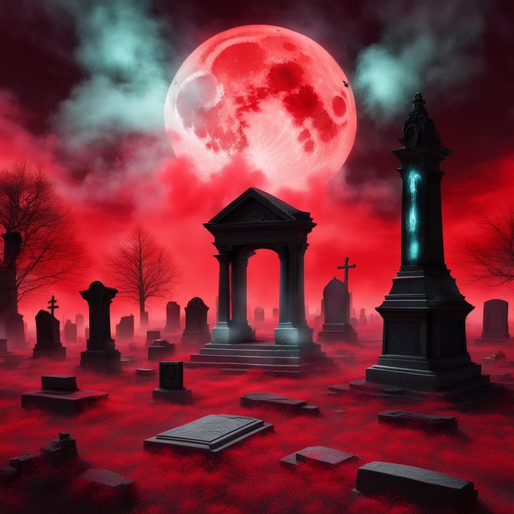 Eerie Glowing Cemetery with Bioluminescent Moon