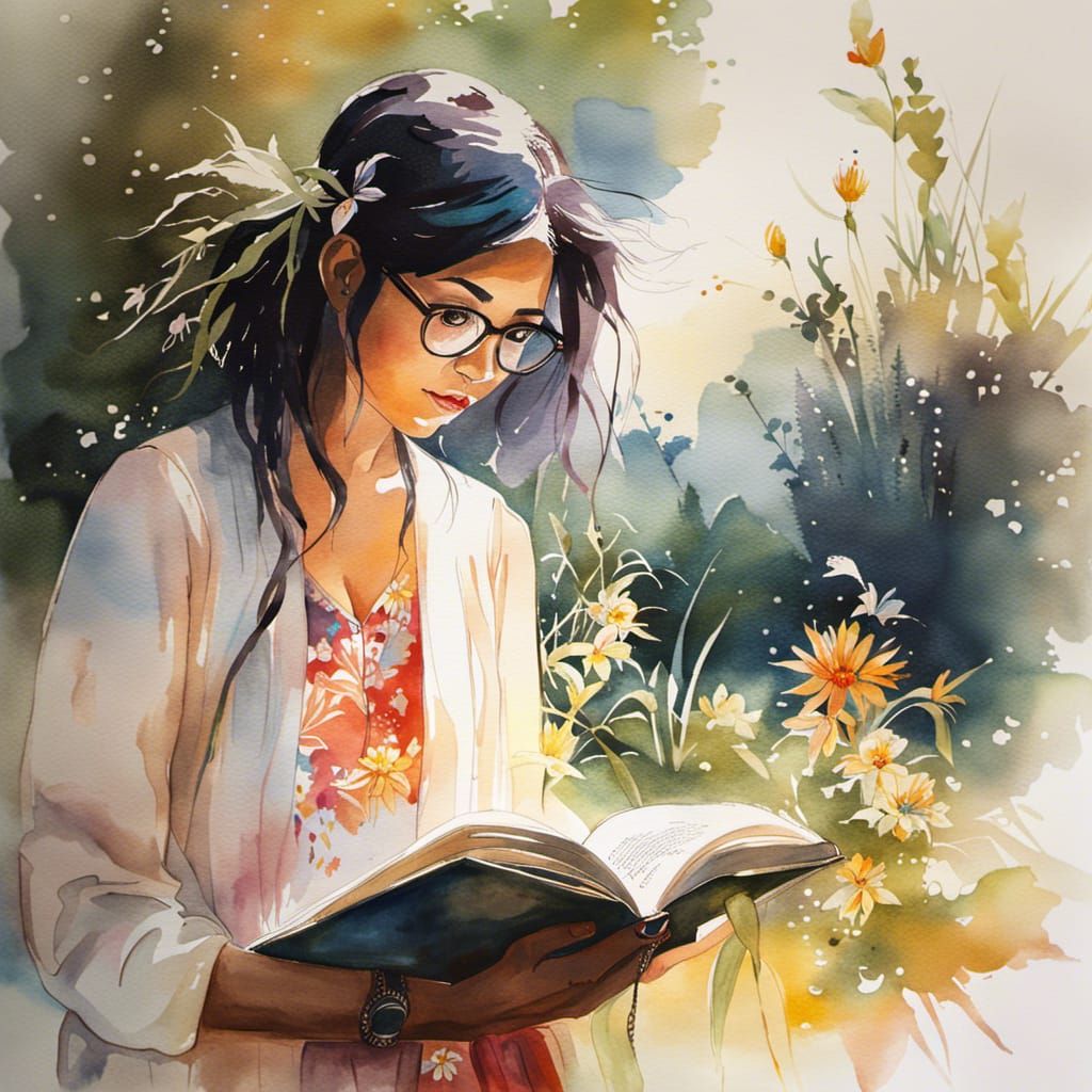 Girl Reading in Garden: Watercolor Painting