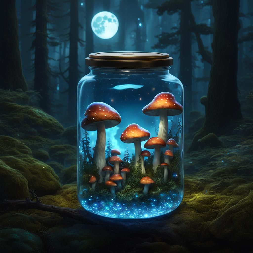 Bioluminescent Mushroom Forest Inside Glass Jar