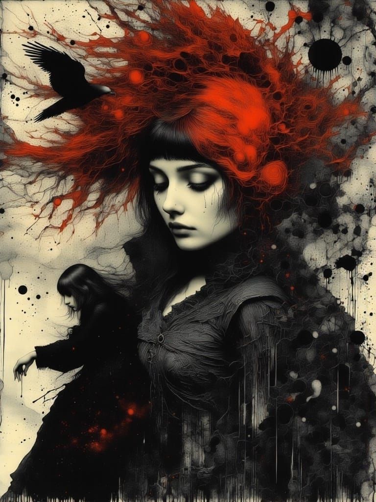 Gothic Portrait of a Melancholic Redhead in Surreal Style