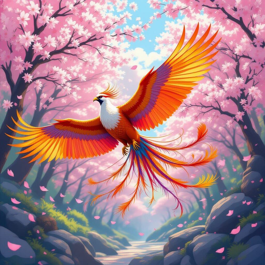Phoenix Soaring Over Cherry Blossom Forest