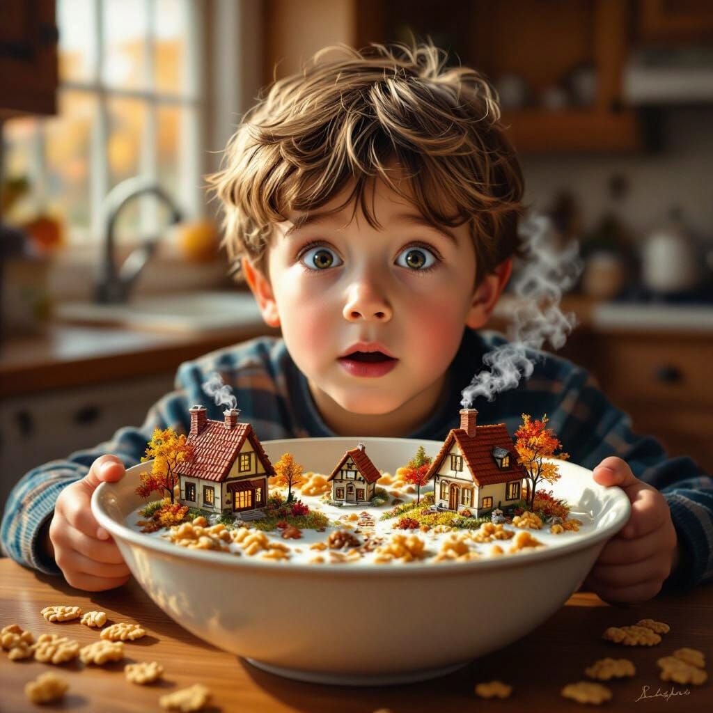 Boy Discovers Miniature Autumn Village in Cereal Bowl