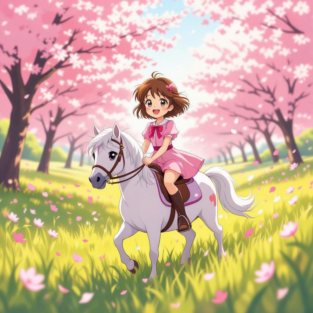 Sakura Kinomoto Rides a Pony Through Cherry Blossoms