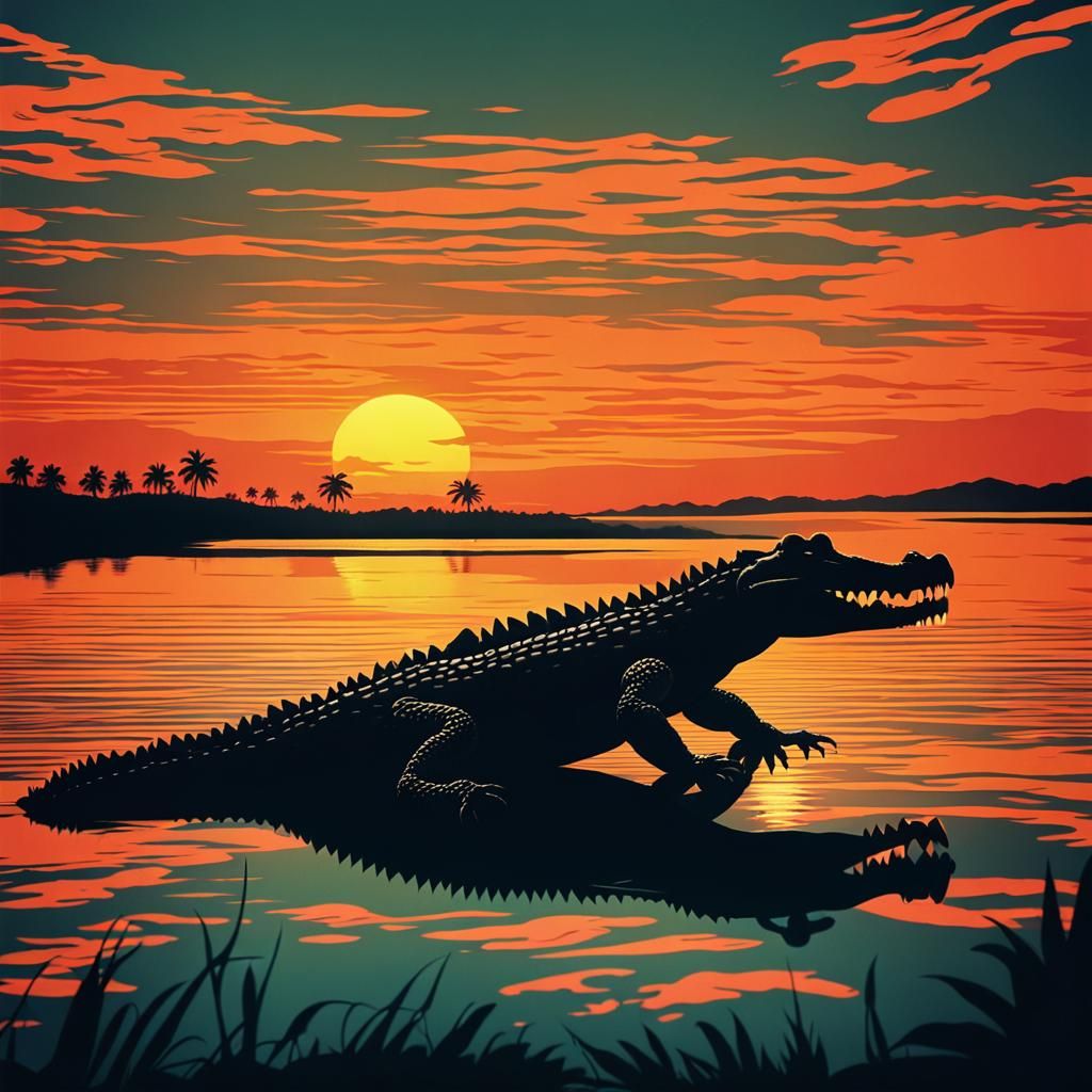 Crocodile Sunset Silhouette in Abstract Art