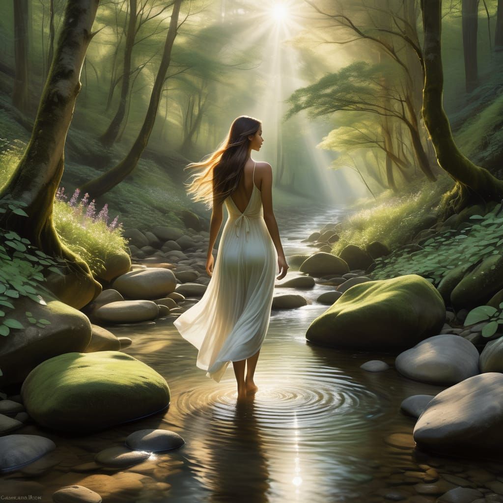 A Young Woman in Serene Creek Landscape