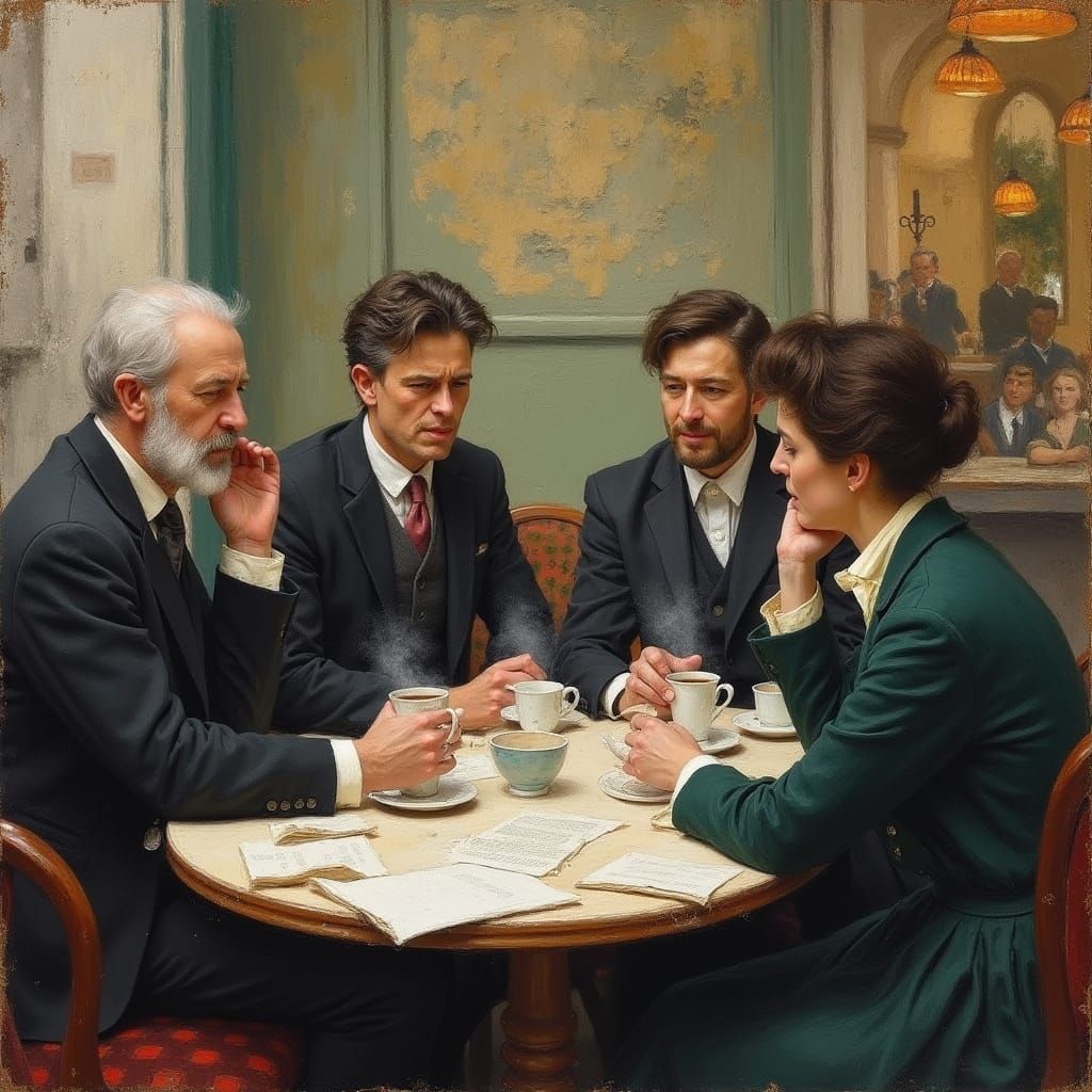 Parisian Cafe Debate in Post-Impressionist Style
