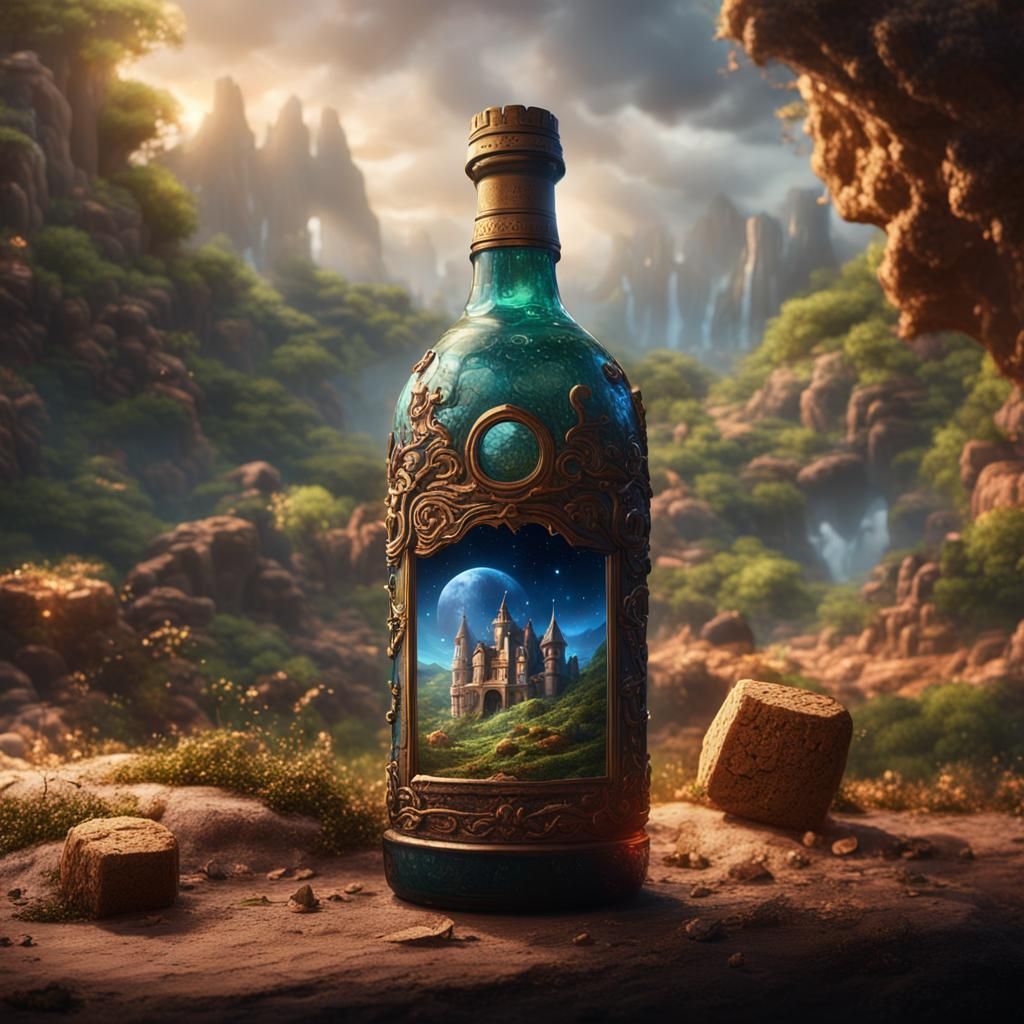 Fantastical Scene Inside Corked Bottle: Detailed Matte Paint...