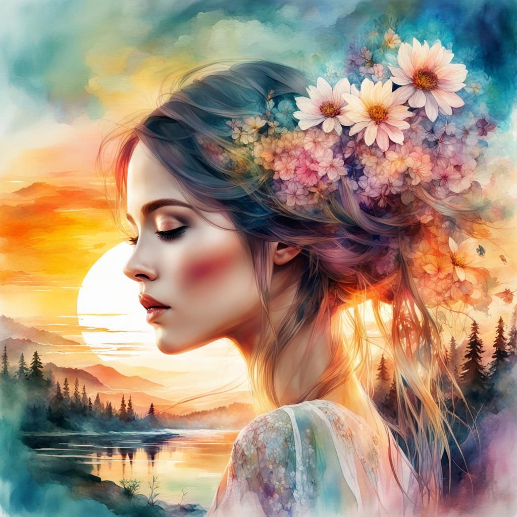 Woman in the sunset with flowers in her hair  (1/4)