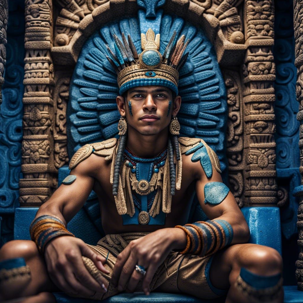 Handsome Mayan King on Stone Throne, Detailed Photo