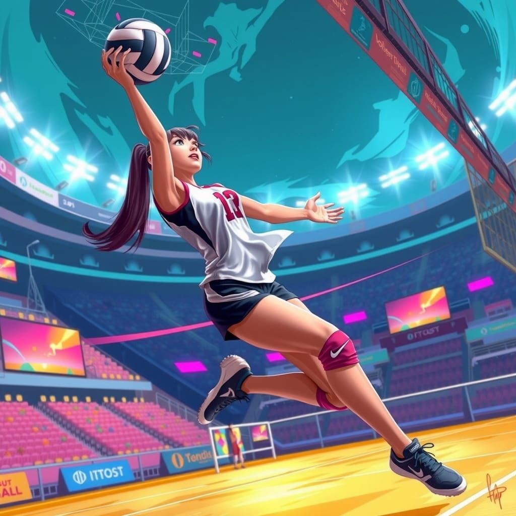 Volleyball Player Mid-Spike in Neon Futuristic Style