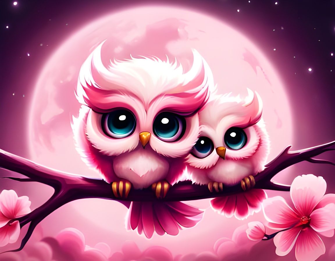 Chibi Pink Owl Family in Blossoms, Digital Art
