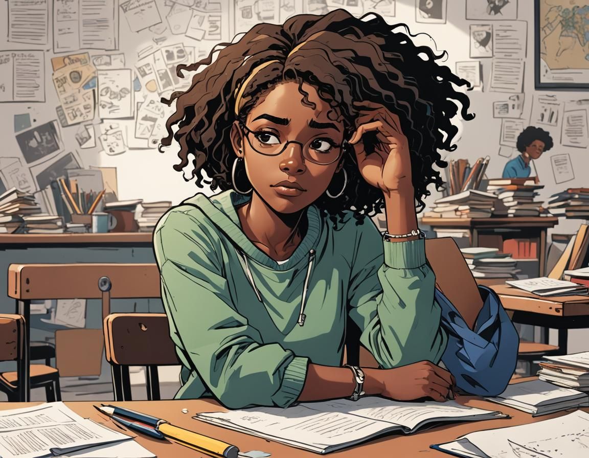 Bored Girl at School in 2D Comic Style