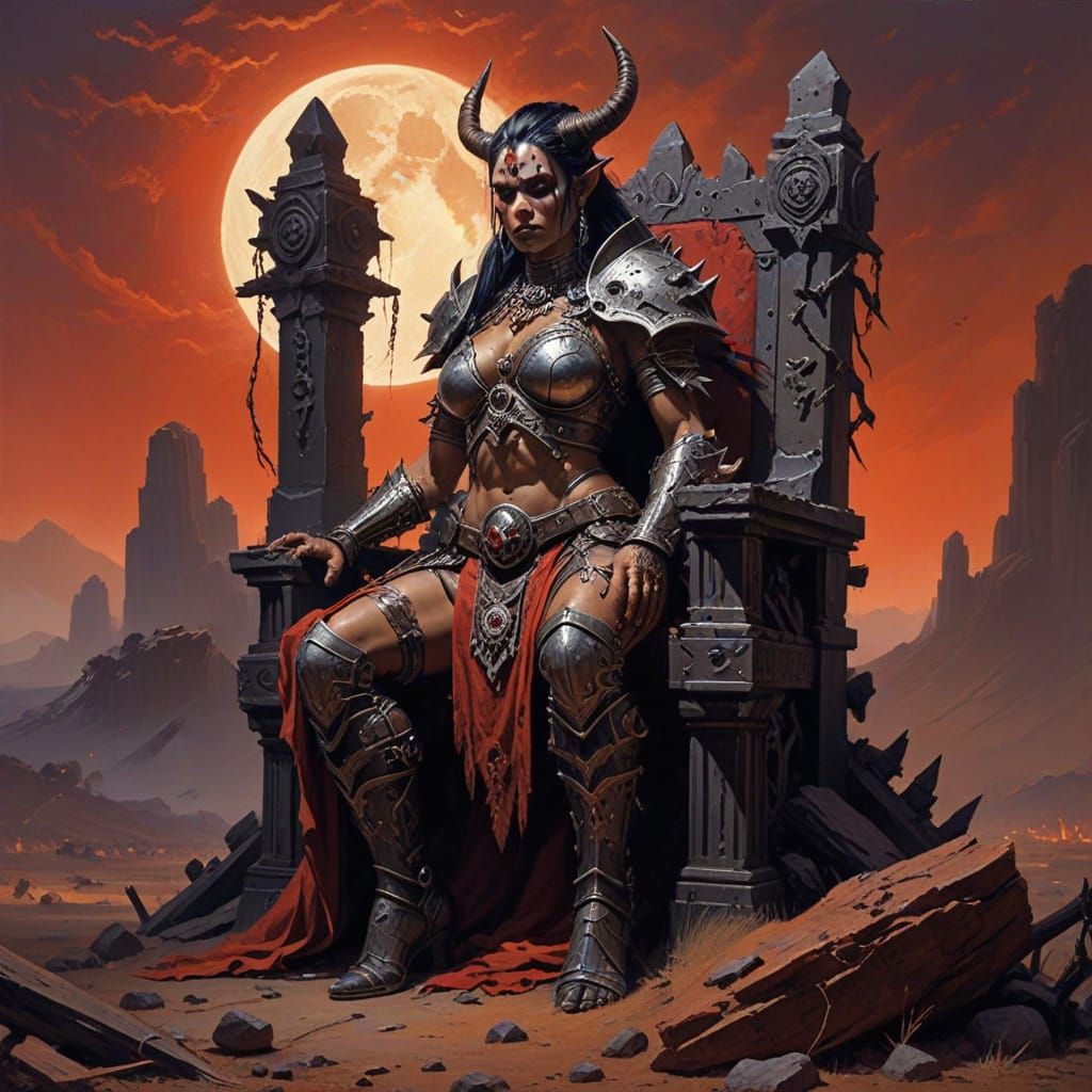 Orc Queen on Battlefield, Hyperrealistic Oil Painting
