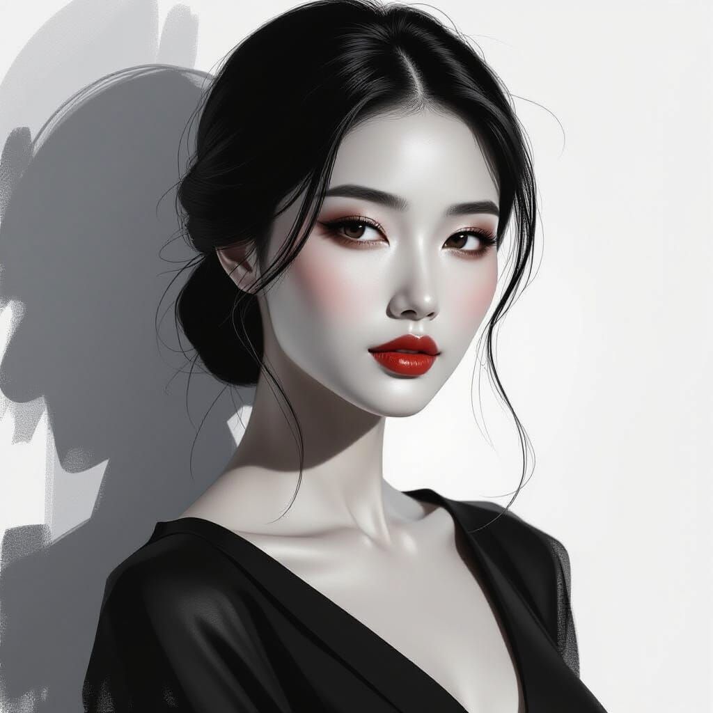 A charcoal sketch of an Asian woman in black and white, her ...