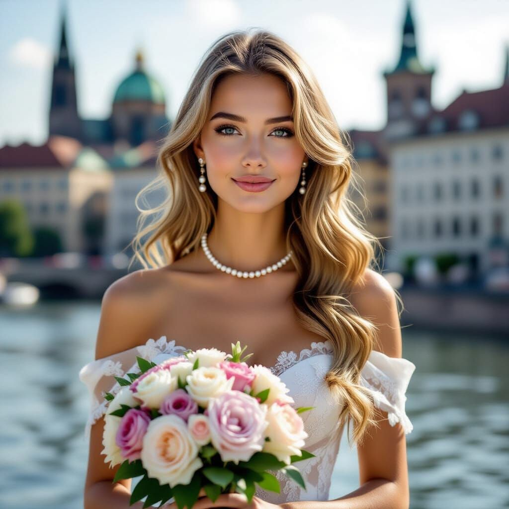 Beautiful European Woman with Flowers, Studio Portrait