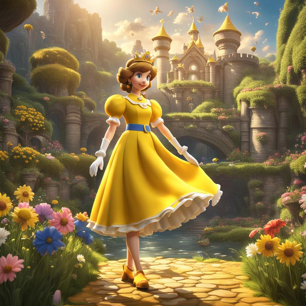 Princess Daisy in Yellow Dress: Detailed Digital Painting