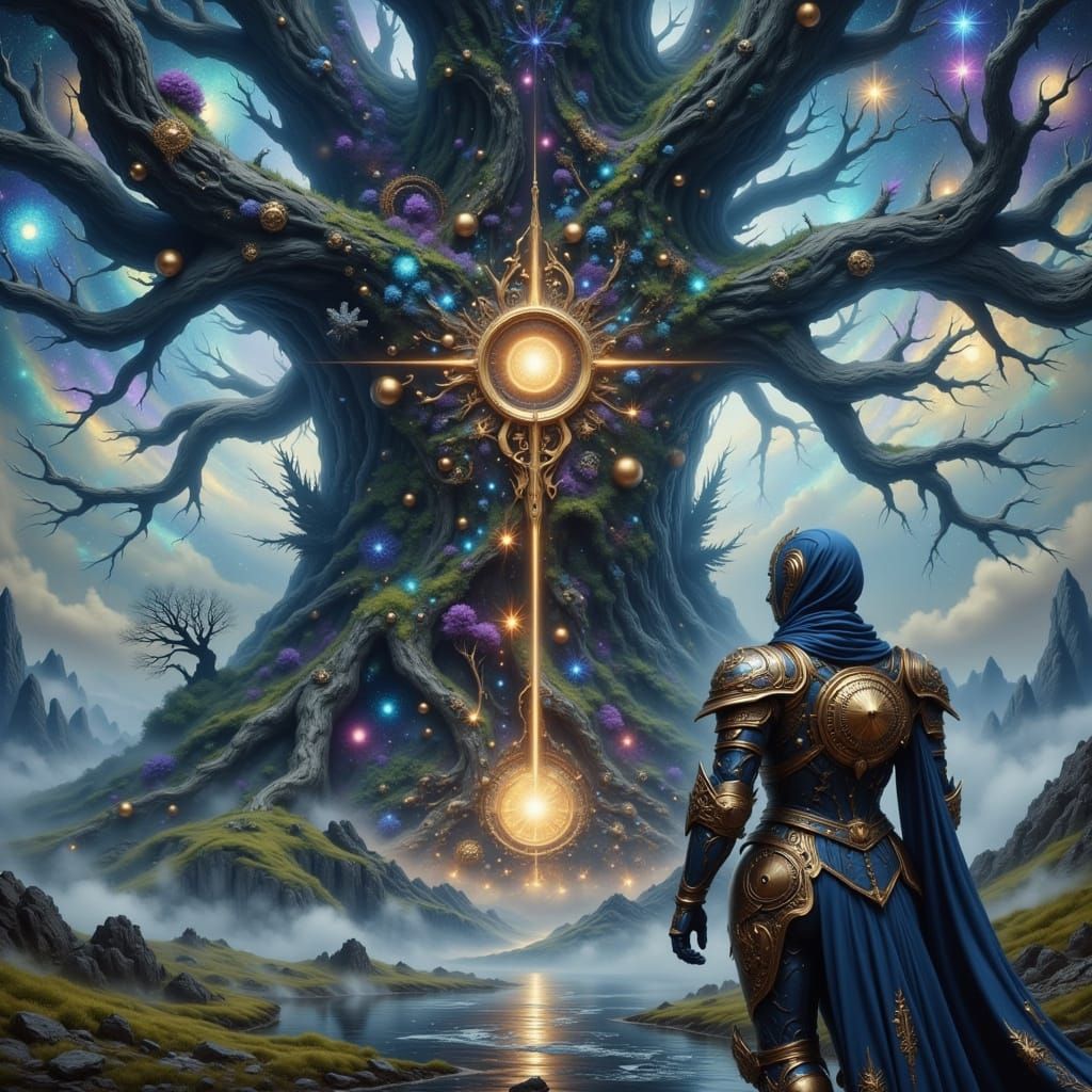 Steampunk Knight and Celestial Tree in Sci-Fi Art