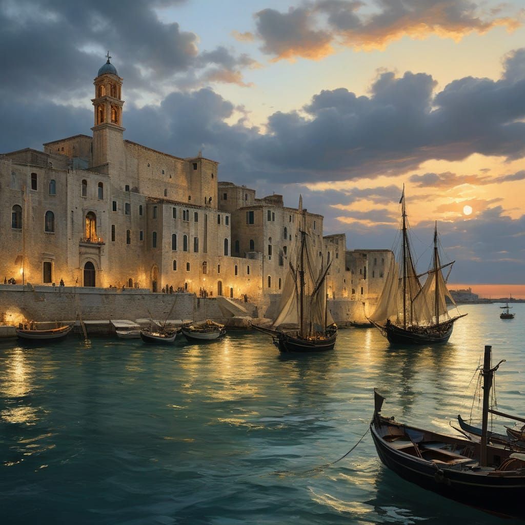 Renaissance Venetian Ships Approach Ancient Otranto Port
