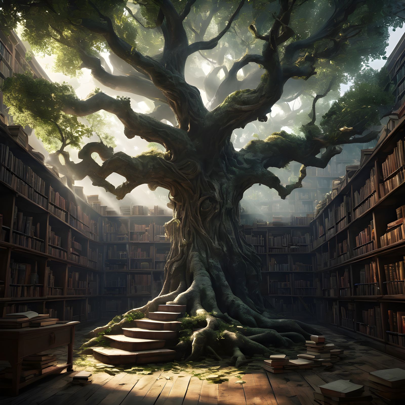 Ancient Tree Library: Glowing Books in Whimsical Fantasy Sty...