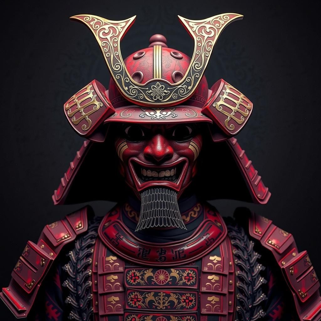 Purple Samurai Mask in Japanese Woodblock Style