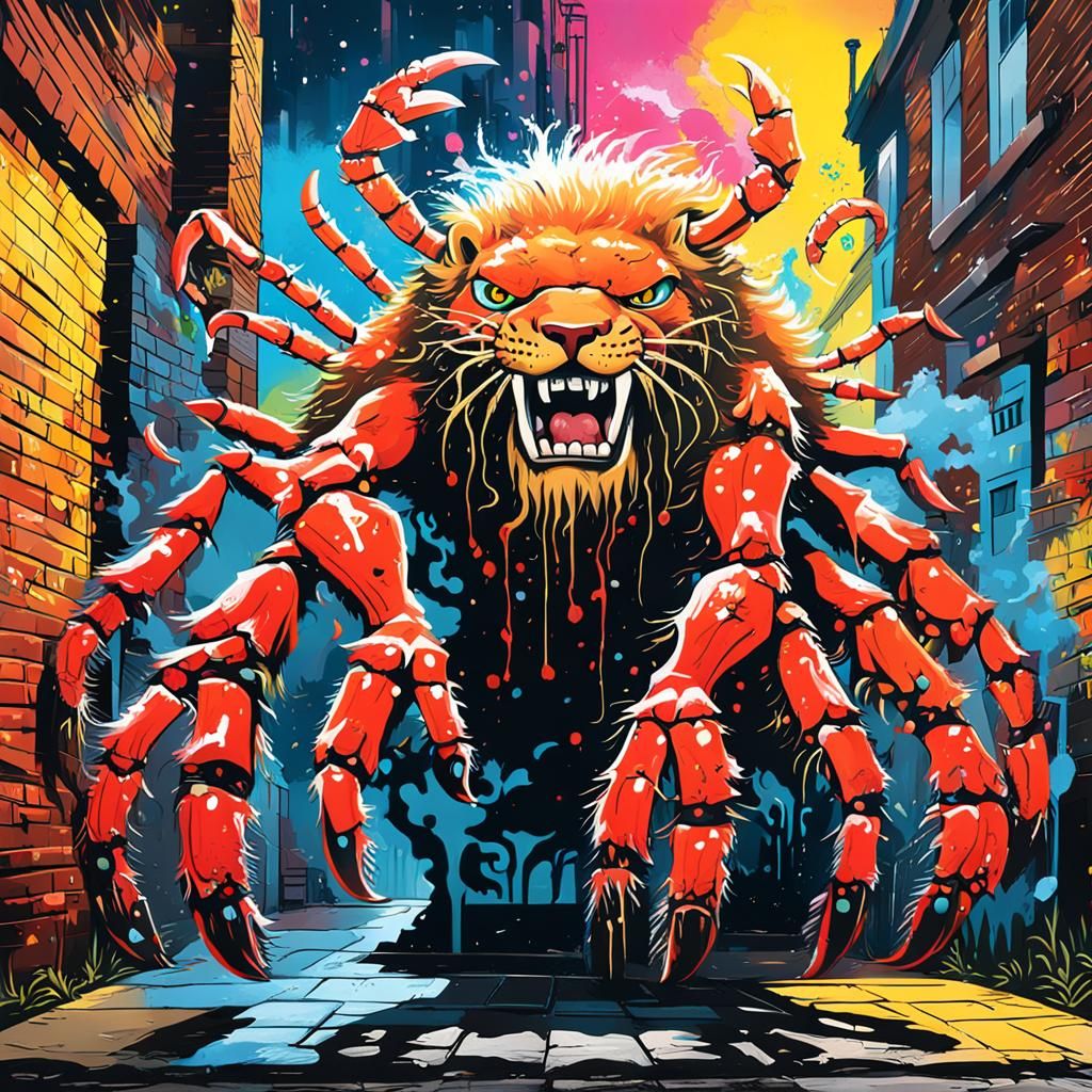 King Crab Lion Graffiti in Surrealist Style