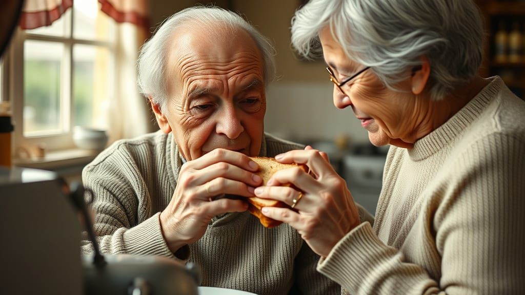 Nostalgic Portrait of Elderly Person Making Sandwich