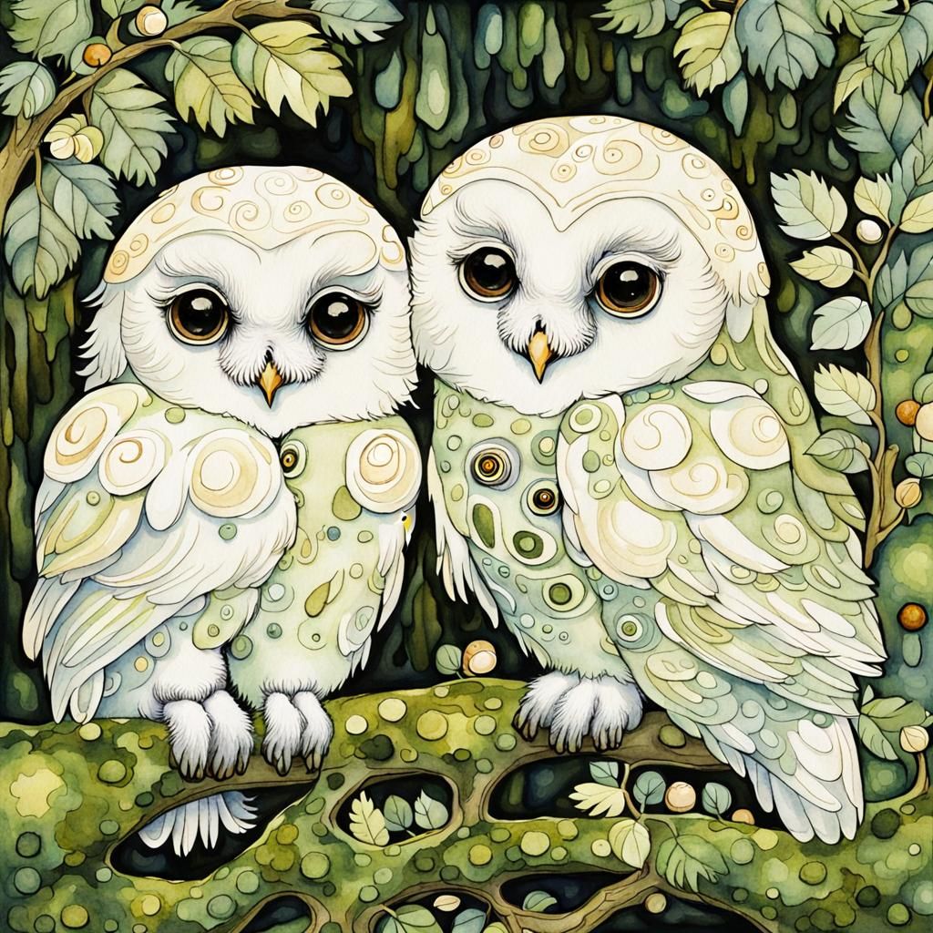 Baby Owls in Mossy Forest, Art Nouveau Illustration