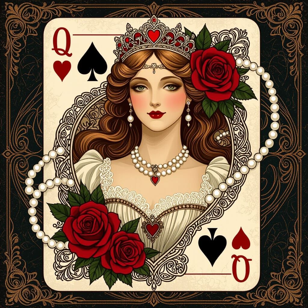 Queen of Hearts Card in Art Nouveau Style